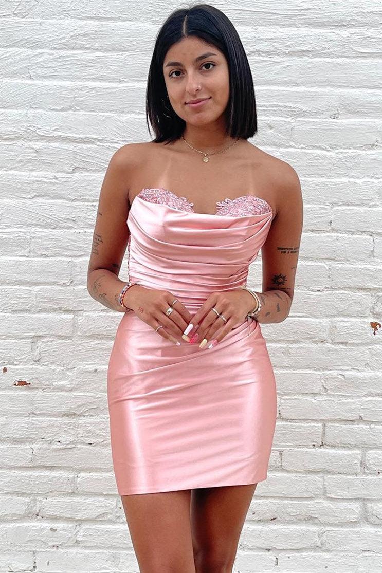Girly Homecoming Dress pink Strapless Ruched Bodycon Short Party Cocktail Dress
