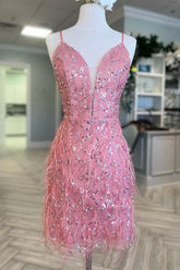 Girly Homecoming Dress pink Tulle Sequin Style Plunge Cocktail with Chic Feather Short Party Cocktail Dress
