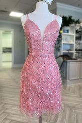 Girly Homecoming Dress pink Tulle Sequin Style Plunge Cocktail with Chic Feather Short Party Cocktail Dress