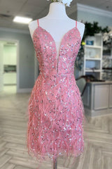Girly Homecoming Dress pink Tulle Sequin Style Plunge Cocktail with Chic Feather Short Party Cocktail Dress
