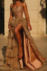 Dressystars Glam Black Strapless Sequin Tiered Prom Dress With High Leg Slit Formal Evening Gown