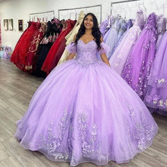 Glamorous Ball Gown Off Shoulder Glitter Tulle Lace Appliques Puffy Sleeves Lilac Tulle Quinceanera Dress For Sweet 16