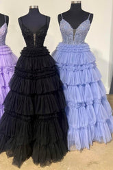 Glamorous Black Prom Dress Delicate Beaded Spaghetti Strap Ruffle Tiered Evening Dress
