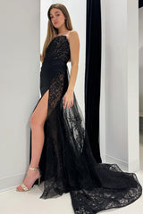 Glamorous Black Prom Dress Lace Strapless Long Formal Evening Dress