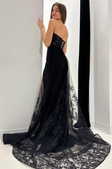 Glamorous Black Prom Dress Lace Strapless Long Formal Evening Dress