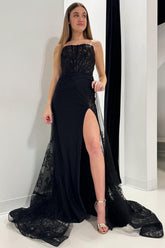 Glamorous Black Prom Dress Lace Strapless Long Formal Evening Dress