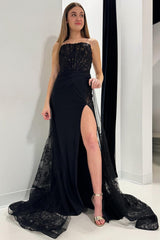 Glamorous Black Prom Dress Lace Strapless Long Formal Evening Dress