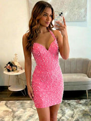 Glamorous Champagne Pearl Beaded Corset Short Homecoming Dress