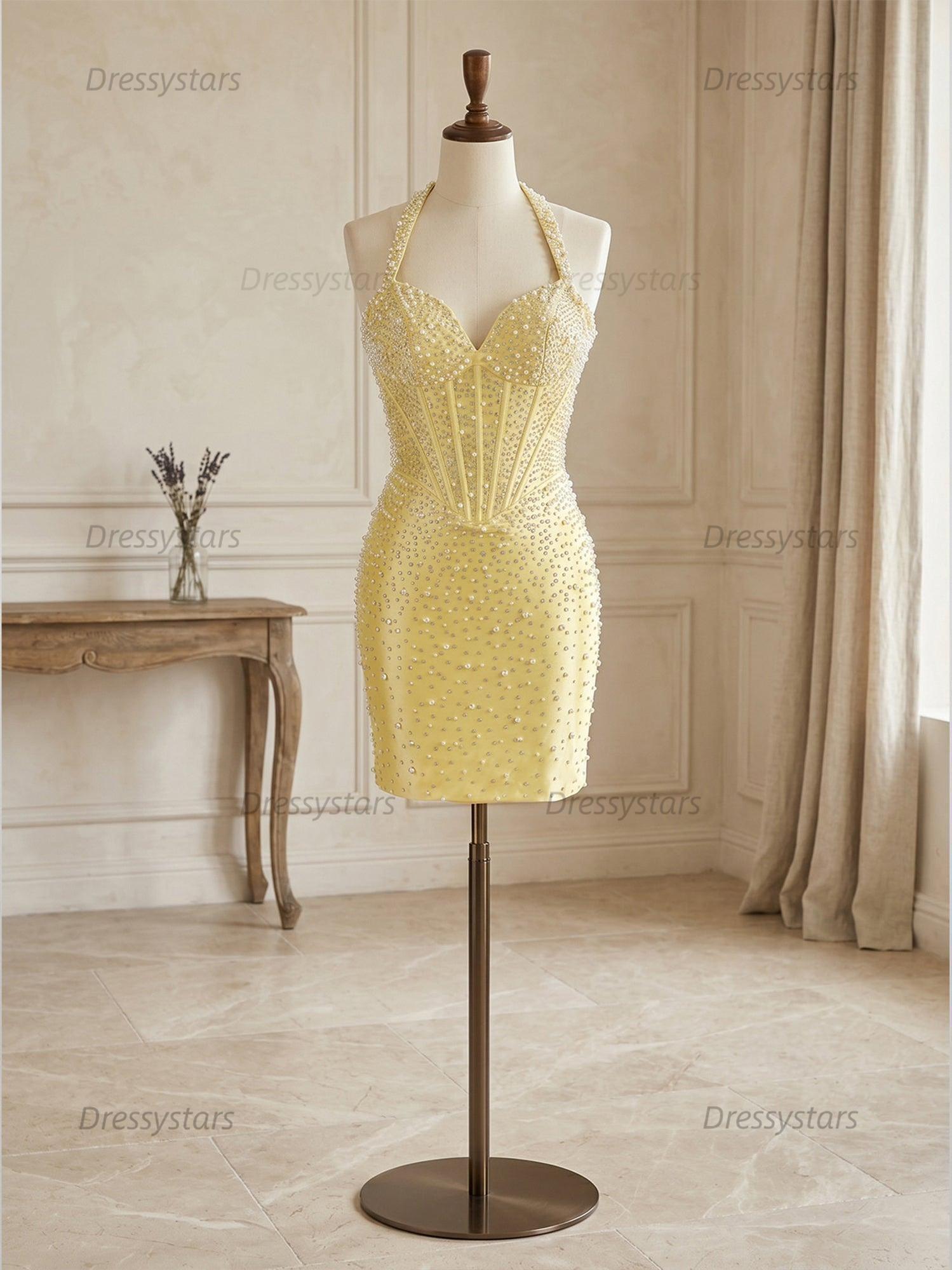 Dressystars Glamorous Champagne Pearl Beaded Corset Short Homecoming Dress