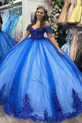 Glamorous & Gorgeous Ball Gown Off Shoulder Sweetheart Neck Flowers Lace Appliques Beaded Royal Blue Tulle Princess Party Gown Quinceanera Dress For Sweet 16