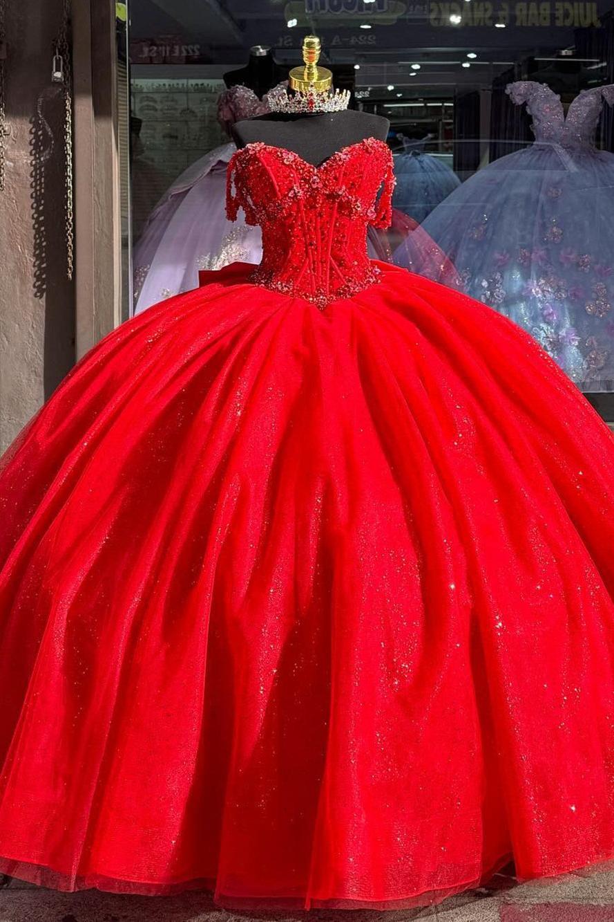 Glamorous & Gorgeous Ball Gown Off Shoulder Sweetheart Neck Red Tulle Princess Evening Party Gown Quinceanera Dress For Sweet 16