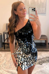 Glamorous Homecoming Dress Black Gradient Cut Glass Mirror One Shoulder Short Party Cocktail Dress
