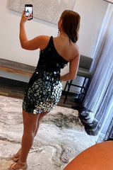 Glamorous Homecoming Dress Black Gradient Cut Glass Mirror One Shoulder Short Party Cocktail Dress