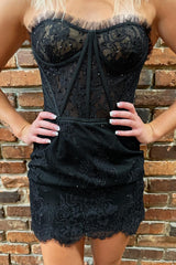 Glamorous Homecoming Dress Black Strapless Eyelash Lace Short Party Cocktail Dress