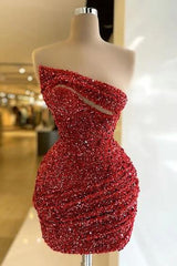 Glamorous Sequined Red Homecoming Dress Sleeveless Strapless Short Cocktail Dress With Pleated