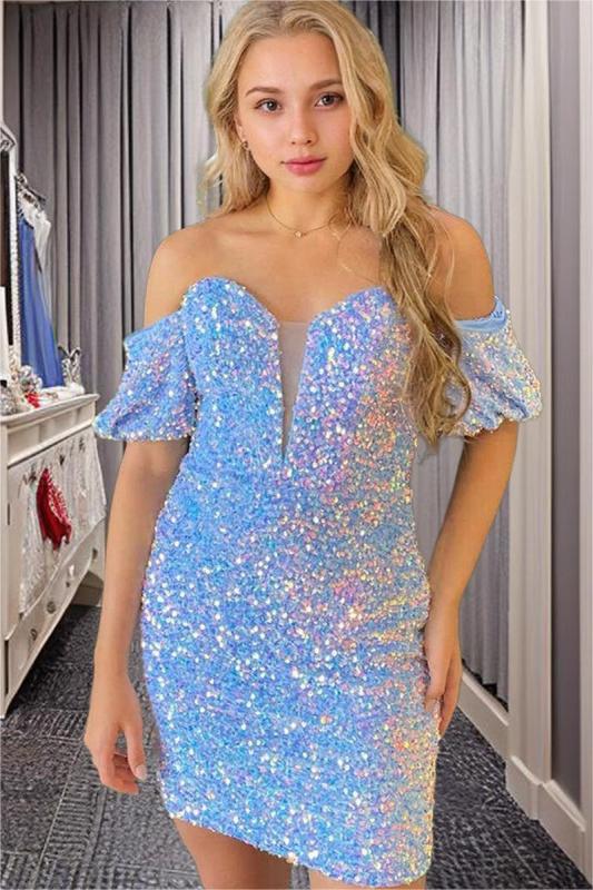 Glamorous Sky Blue Homecoming Dress Sequined Off the Shoulder Sweetheart Short Cocktail Dress