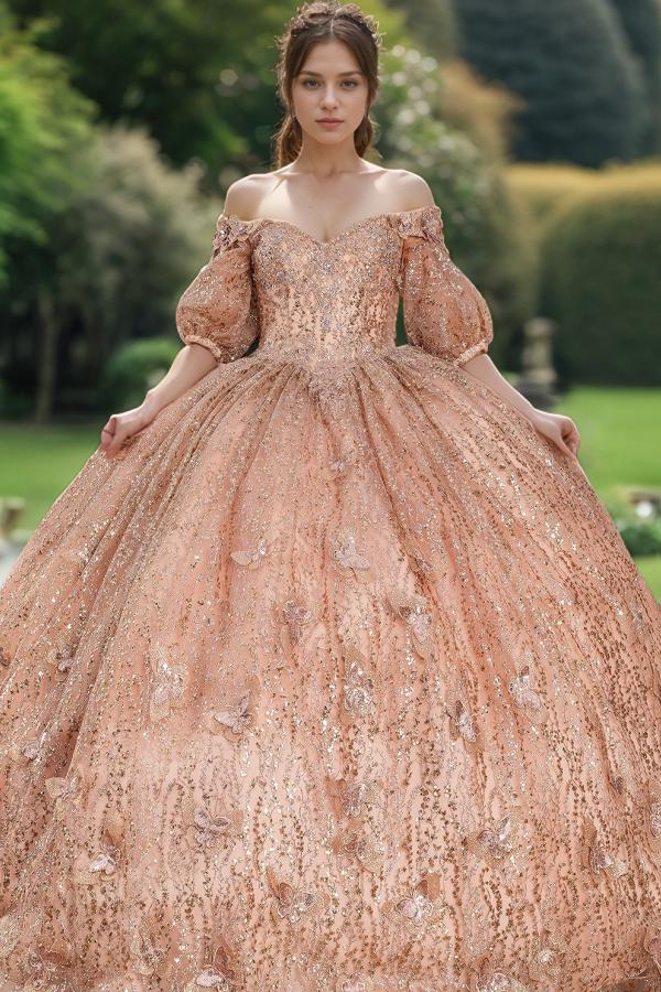 Glamorous & Sparkly Ball Gown Off Shoulder Half Sleeves 3D Butterfly Appliques Glitter Rose Gold Tulle Quinceanera Dress Birthday Party Dress For Sweet 16