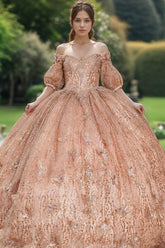 Glamorous & Sparkly Ball Gown Off Shoulder Half Sleeves 3D Butterfly Appliques Glitter Rose Gold Tulle Quinceanera Dress Birthday Party Dress For Sweet 16
