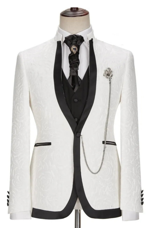 Glamorous White Jacquard Shawl Lapel 3 Piece Wedding Suit