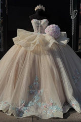 Glitter Ball Gown Strapless Sleeveless Tiered 3D Colorful Flowers Appliques Lace Up Champagne Tulle Quinceanera Dress Birthday Party Gown For Sweet 16
