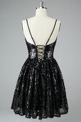 Glitter Black Homecoming Dresses Lace Sequin Cocktail Dresses
