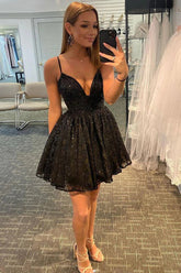 Glitter Black Homecoming Dresses Lace Sequin Cocktail Dresses