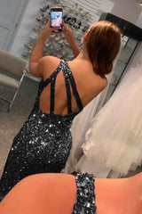 Glitter Black Prom Dress Sequin Long Evening Dress With Split