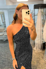 Glitter Black Prom Dress Sequin Long Evening Dress With Split