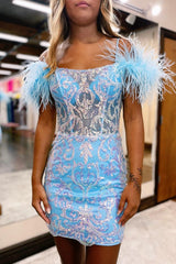 Glitter Blue Homecoming Dresses Corset Lace Tight Short Cocktail Dresses with Feathers