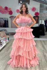 Glitter Blush A Line Beaded Long Tulle Tiered Prom Dress with Ruffles
