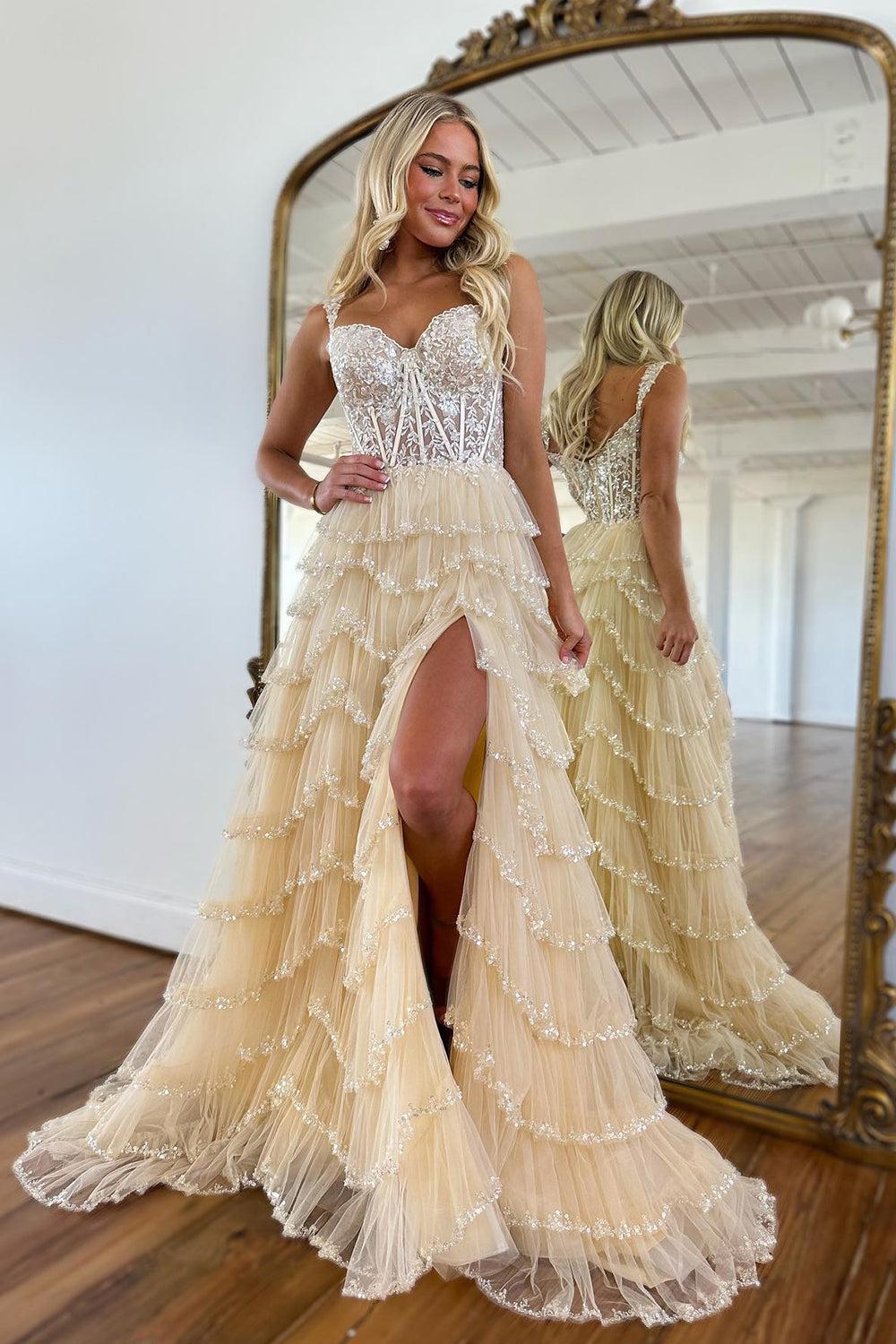 Glitter Corset Tiered Long Tulle Prom Dress with Slit
