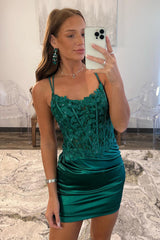 Glitter Dark Green Homecoming Dresses Corset Spaghetti Straps Tight Short Cocktail Dresses with Lace