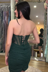 Glitter Dark Green Strapless Tight Homecoming Dresses Short Corset Cocktail Dresses