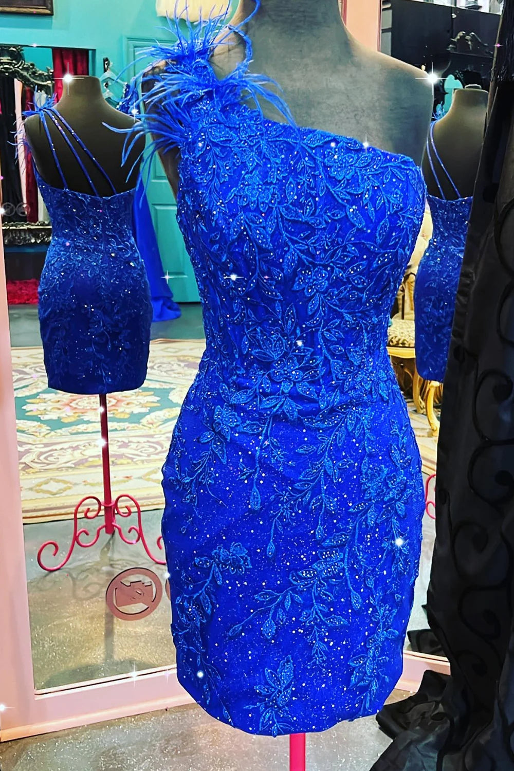 Glitter Homecoming Dress Royal Blue one shoulder Style Lace with Chic Feather Short Party Cocktail Dress