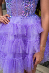 Glitter Lavender Homecoming Dresses Ruffled Short Corset Cocktail Dresses With Sequins