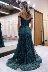 Glitter Mermaid Prom Dress Off The Shoulder Dark Green Long Evening Dress