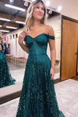 Glitter Mermaid Prom Dress Off The Shoulder Dark Green Long Evening Dress