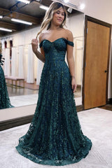 Glitter Mermaid Prom Dress Off The Shoulder Dark Green Long Evening Dress