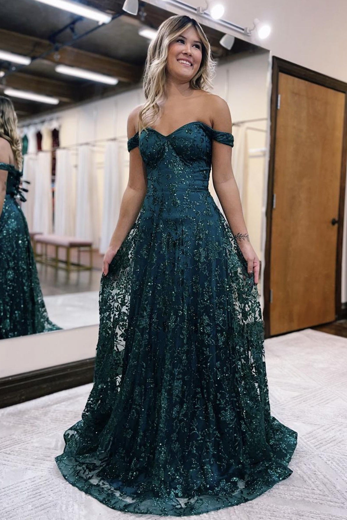 Glitter Mermaid Prom Dress Off The Shoulder Dark Green Long Evening Dress