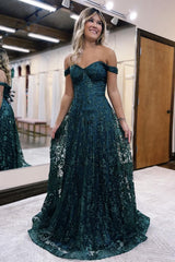 Glitter Mermaid Prom Dress Off The Shoulder Dark Green Long Evening Dress