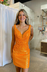 Glitter Orange Homecoming Dresses Corset Sequin Tight Short Cocktail Dresses with Appliques