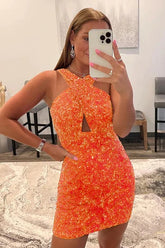Glitter Orange Homecoming Dresses Halter Backless Sequin Tight Cocktail Dresses
