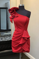 Glitter Red Homecoming Dresses One Shoulder Tiered Cocktail Dresses With Beadings
