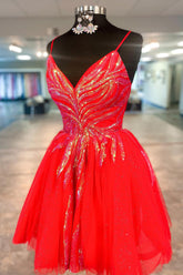Glitter Red Homecoming Dresses Sequined A-Line Short Cocktail Dresses