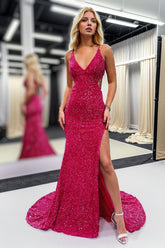 Glitter Red Prom Dress Mermaid V Neck Cut Out Evening Dress With Split