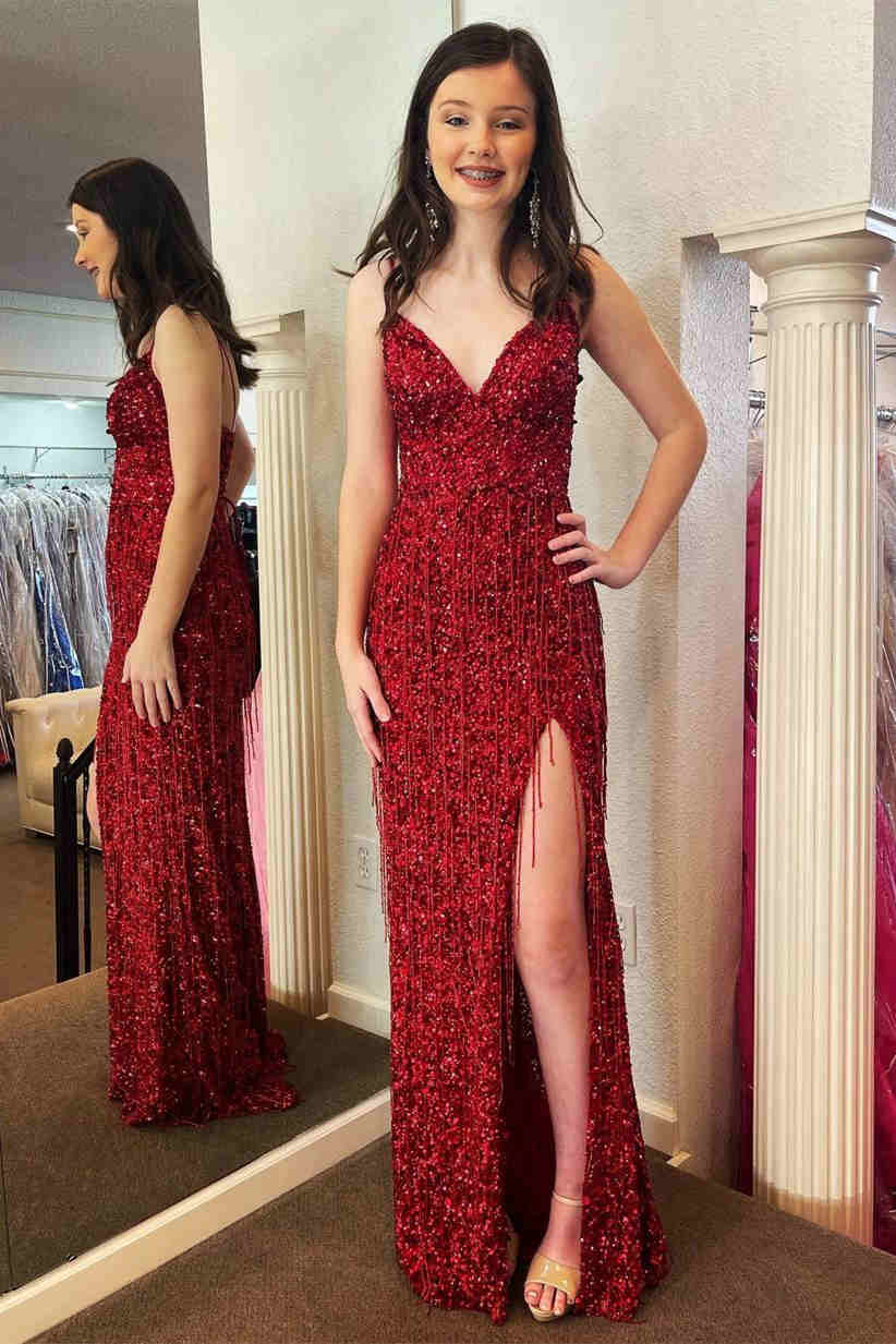 Glitter Red Prom Dress V Neck Long Evening Dress with Tassel