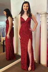Glitter Red Prom Dress V Neck Long Evening Dress with Tassel