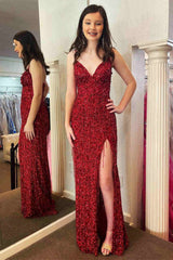 Glitter Red Prom Dress V Neck Long Evening Dress with Tassel