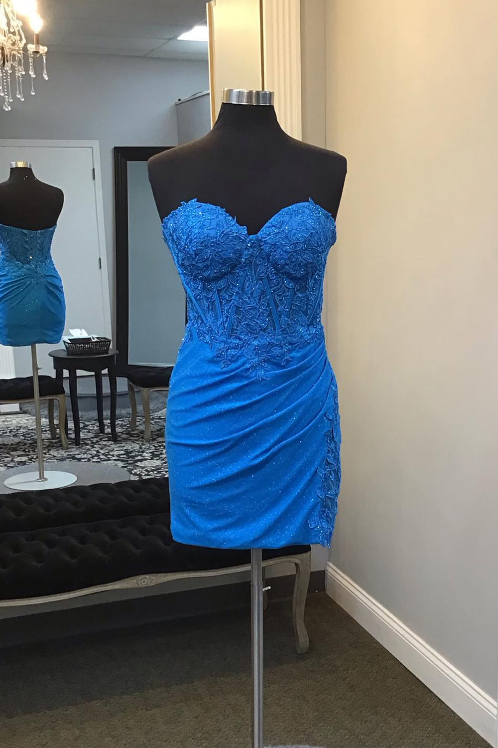 Glitter Royal Blue Homecoming Dresses Corset Tight Short Cocktail Dresses with Lace