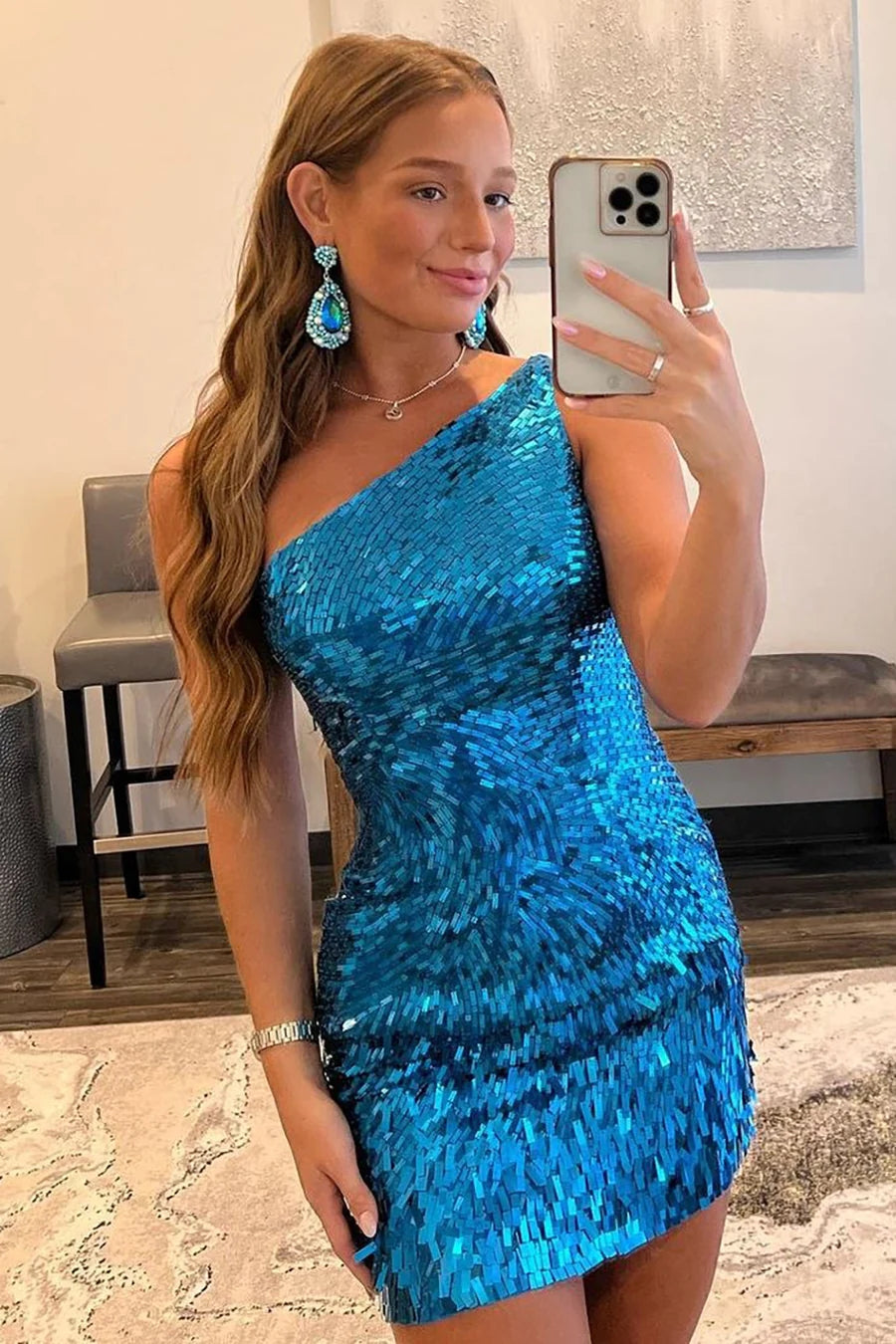 Glitter Royal Blue Homecoming Dresses One Shoulder Sequin Tight Hoco Dresses